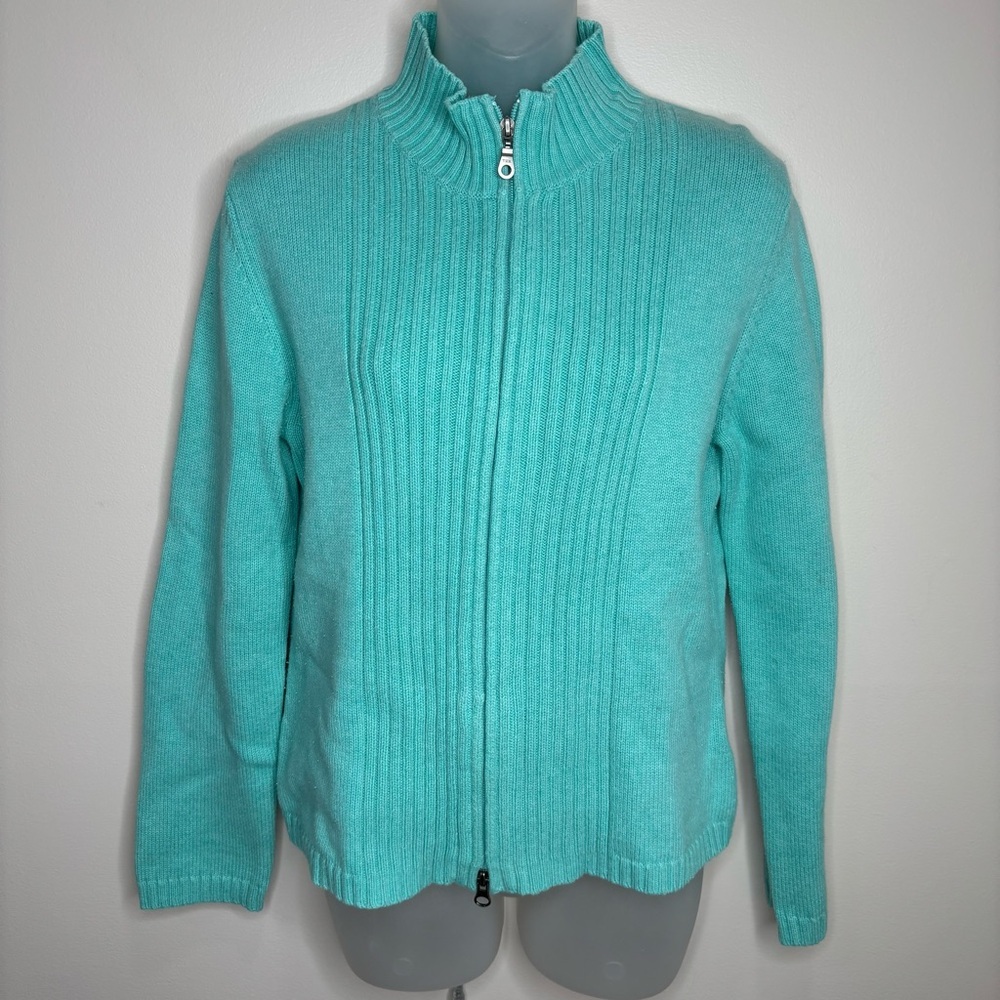 Lands End 100% Baumwolle Full Zip Double Zipper Blue Cable knit sweater small